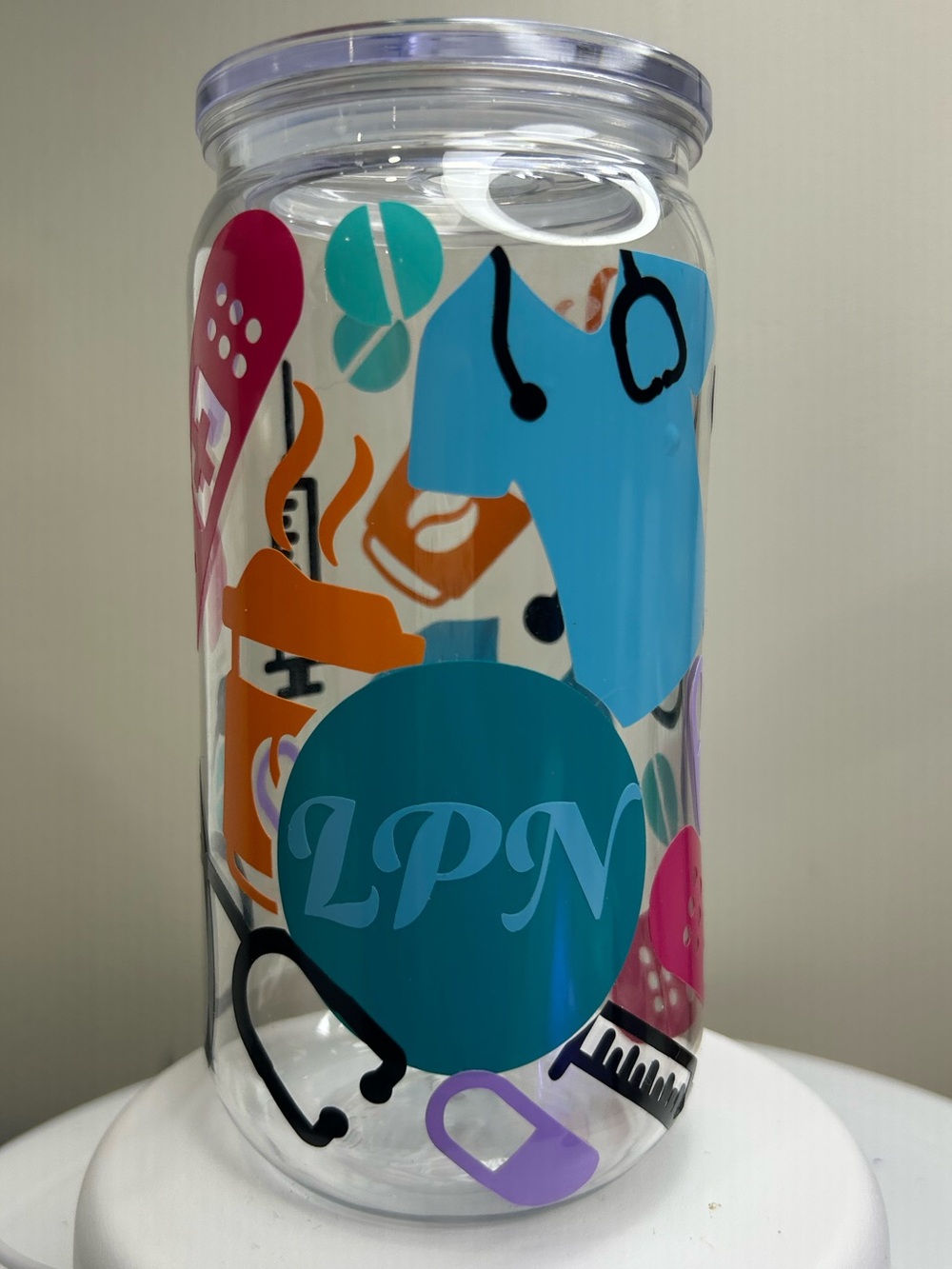 LPN Nurse Themed Clear BPA Free Plastic Tumbler with Lid and Straw
